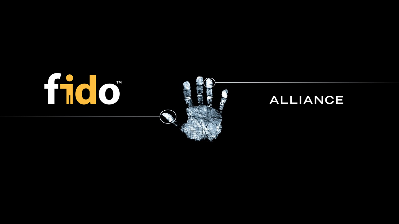 Logo FIDO Alliance e un palmo di mano bianco su uno sfondo nero per gli standard di autenticazione.