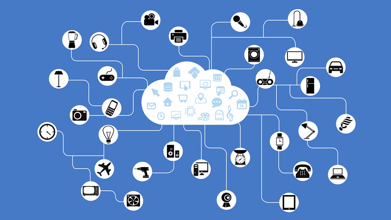 Immagine con nuvola al centro e tante icone di dispositivi collegati per esprimere la sicurezza e privacy nell'Internet of Things.